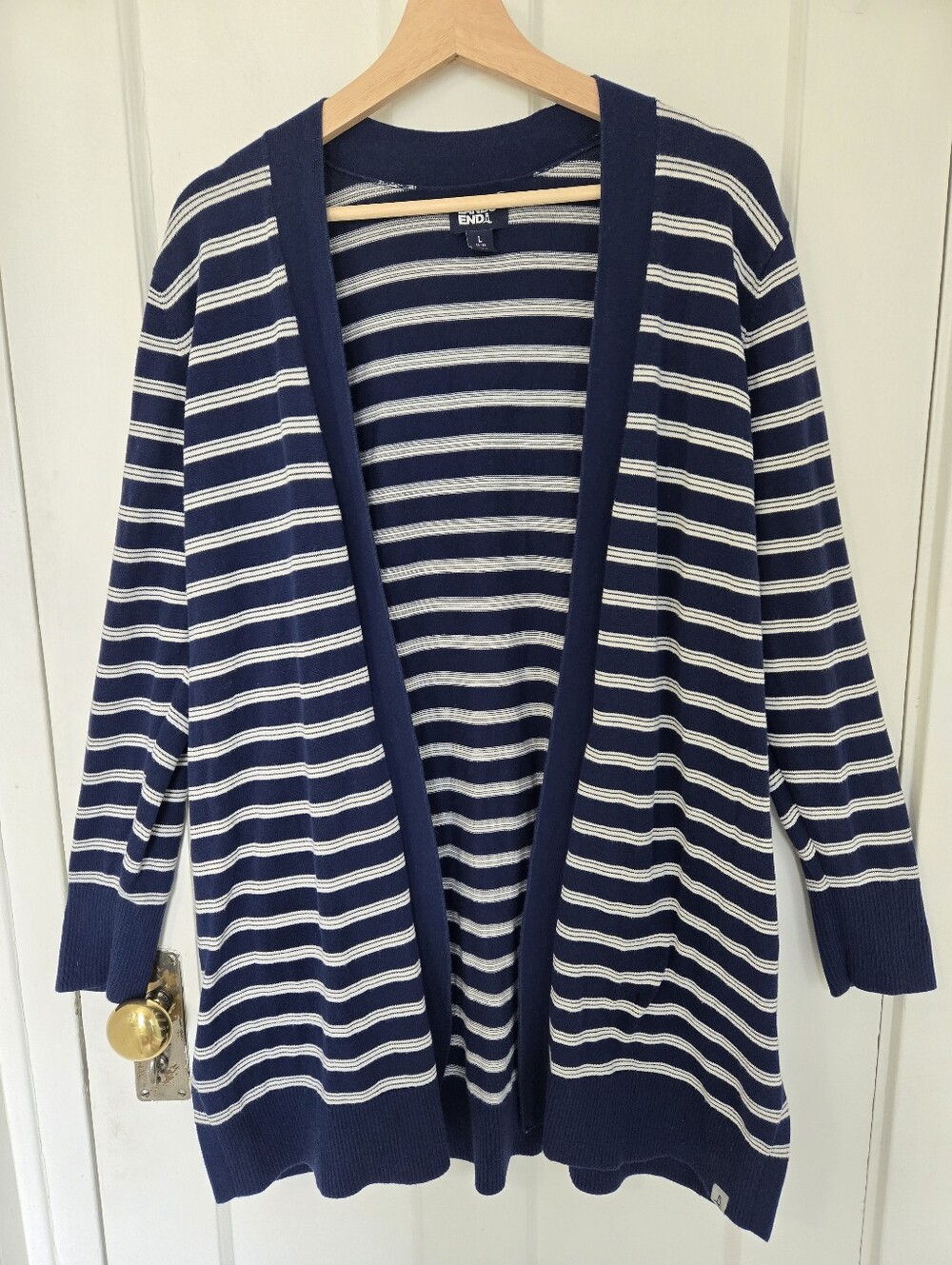 Lands'‎ End Womens Navy & White Stripe Long Cardigan Size L Coastal Preppy Layer